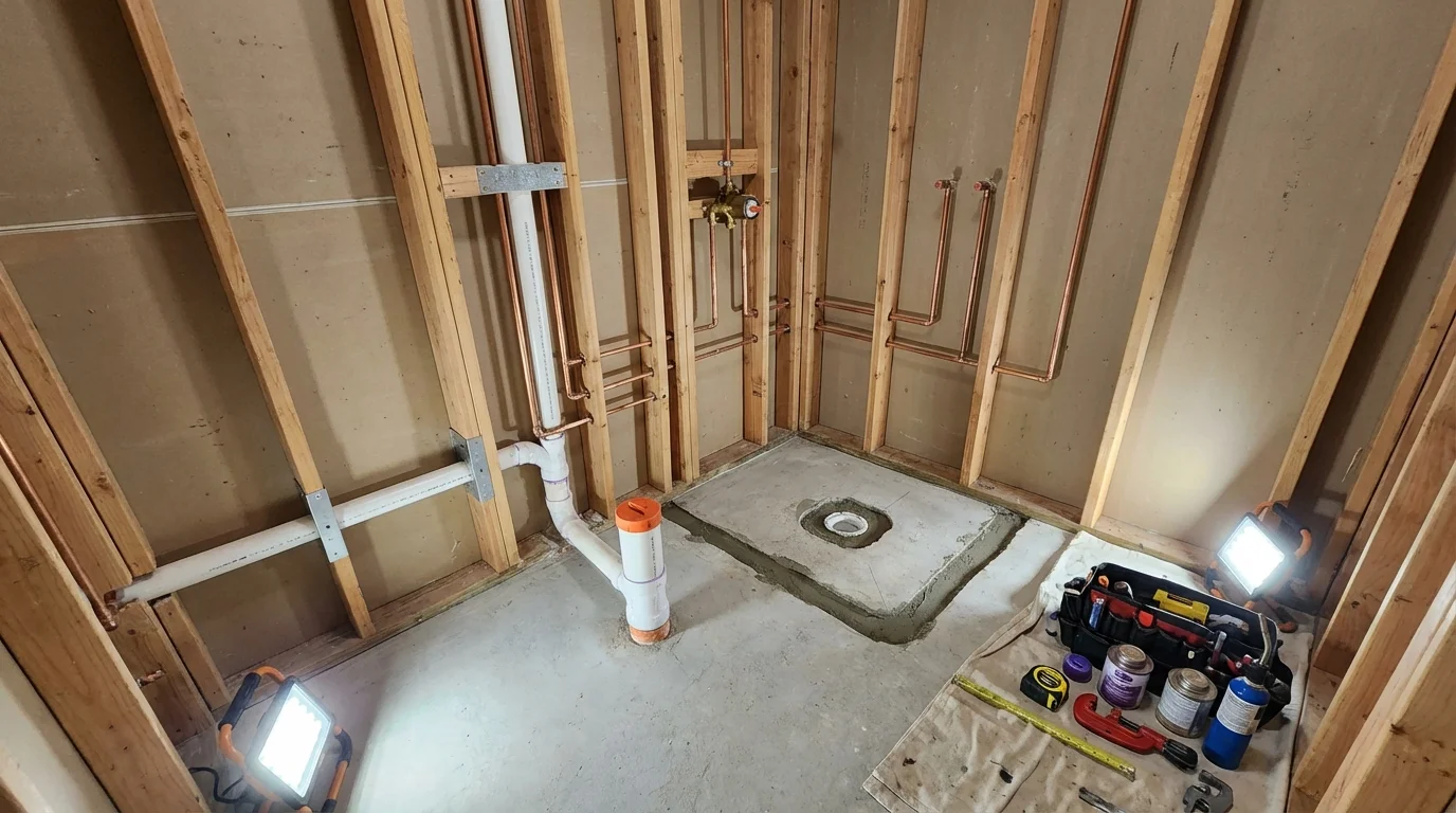 Bathroom rough-in plumbing during remodel by Johns Plumbing LLC in Dallas
