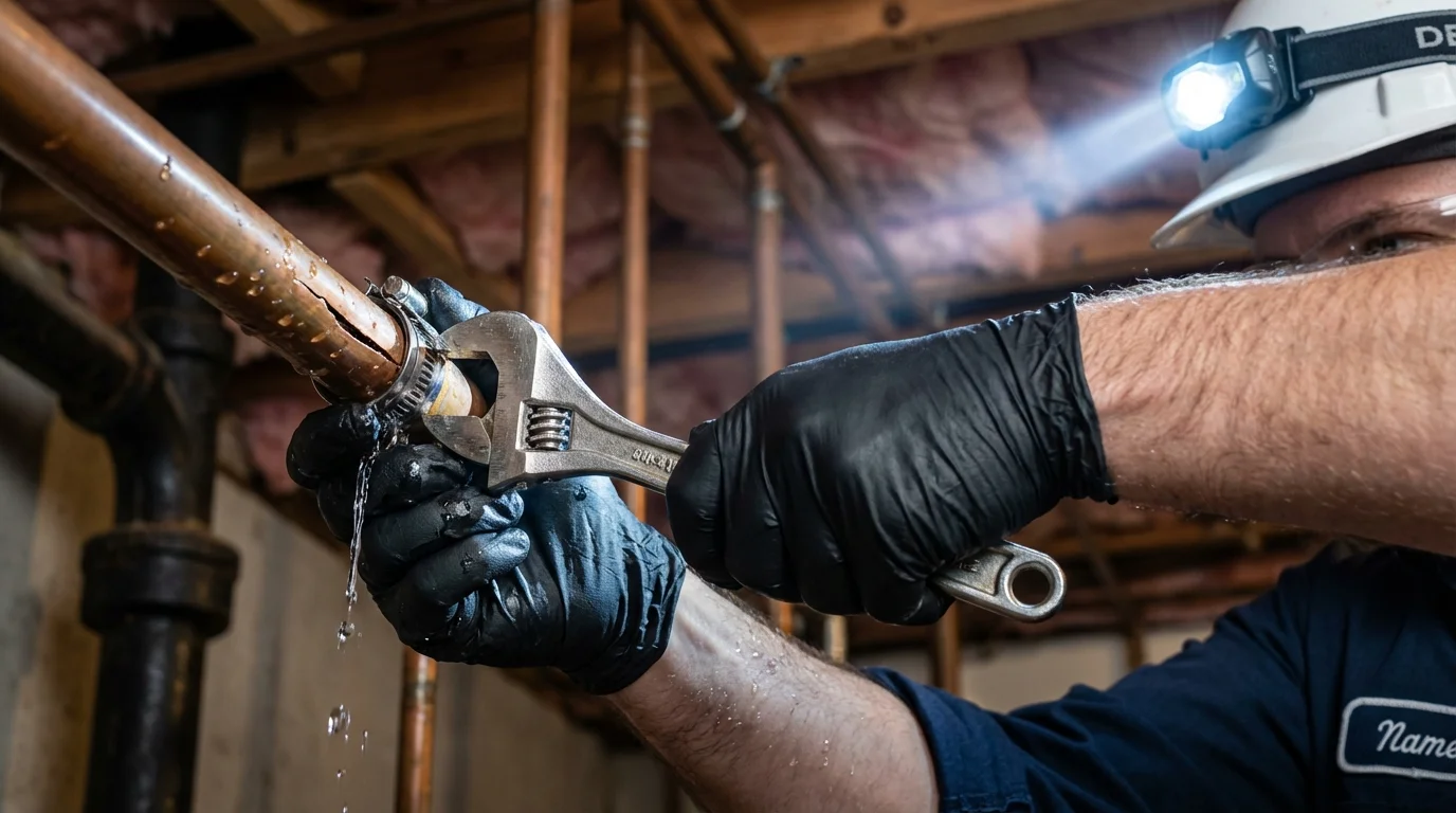 Emergency pipe clamp repair being performed by a Johns Plumbing LLC plumber in Dallas