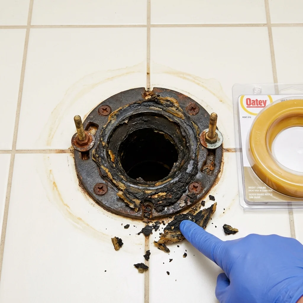 Failed wax ring showing water seepage at the base of a toilet in a Dallas, NC home