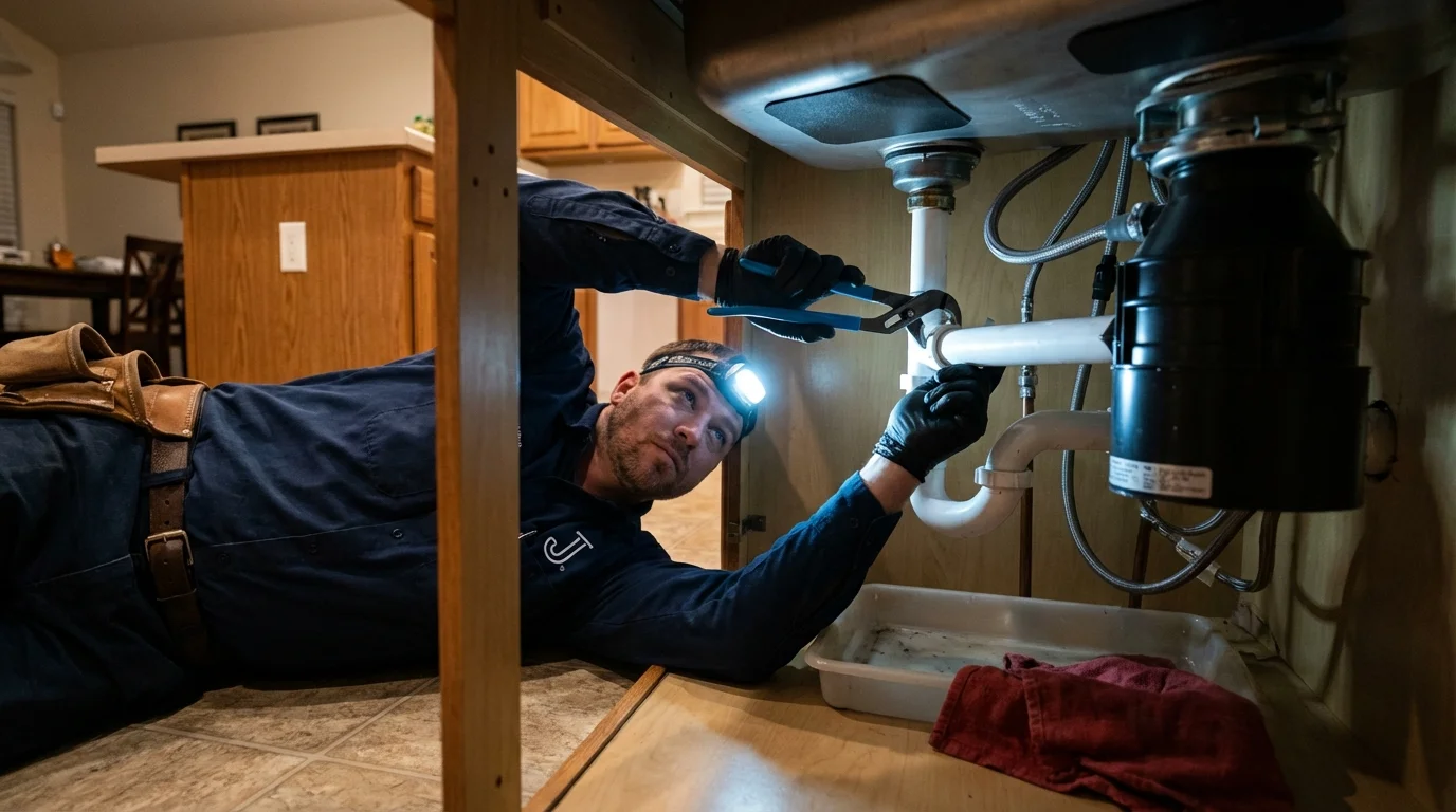 P-trap and supply line connections under a kitchen sink showing a common leak point in Dallas, NC